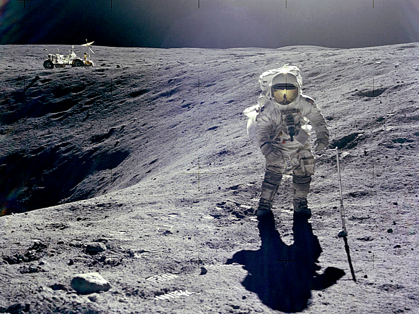 Apollo 16 lunar module pilot Charles Duke at Plum Crater (courtesy of NASA)