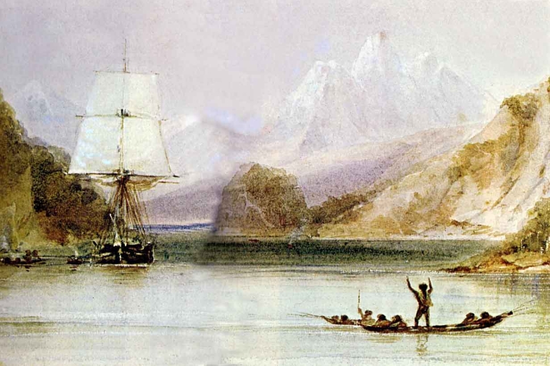 Watercolour of Darwin's sip, The Beagle, in Tierra del Fuego